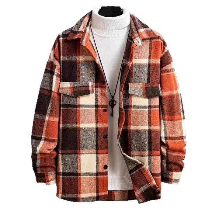Flat lay of a stylish men's check pattern shirt perfect for cool weather outfits