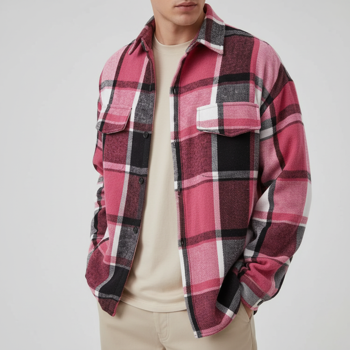 Studio shot of a rose-red plaid long-sleeve shirt for men