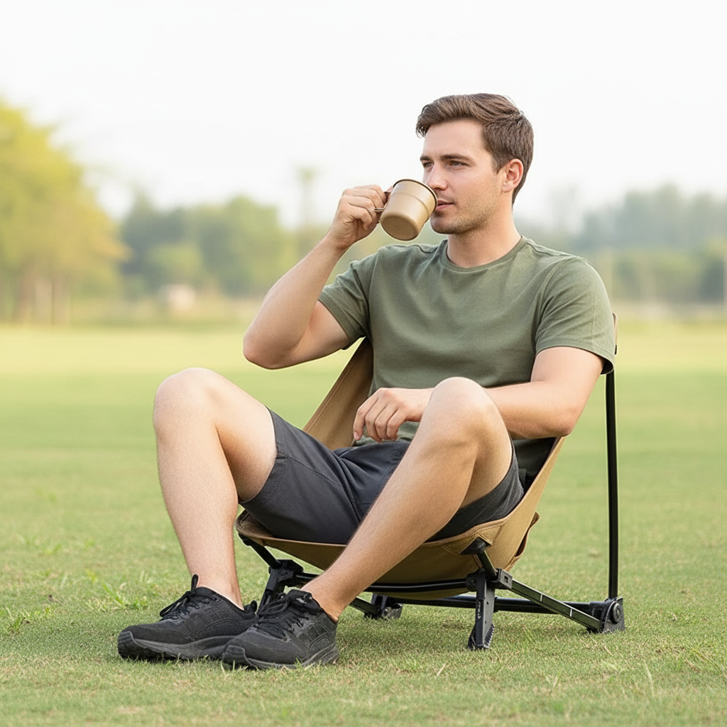 Man relaxing in an outdoor low profile khaki folding chair on grass