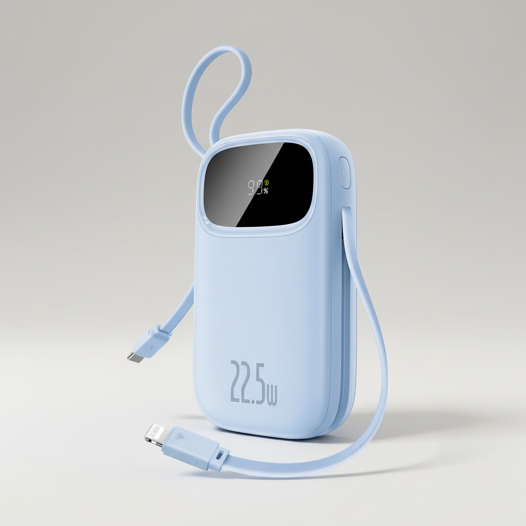 Sleek external battery and fast charger resting on a modern desk setup