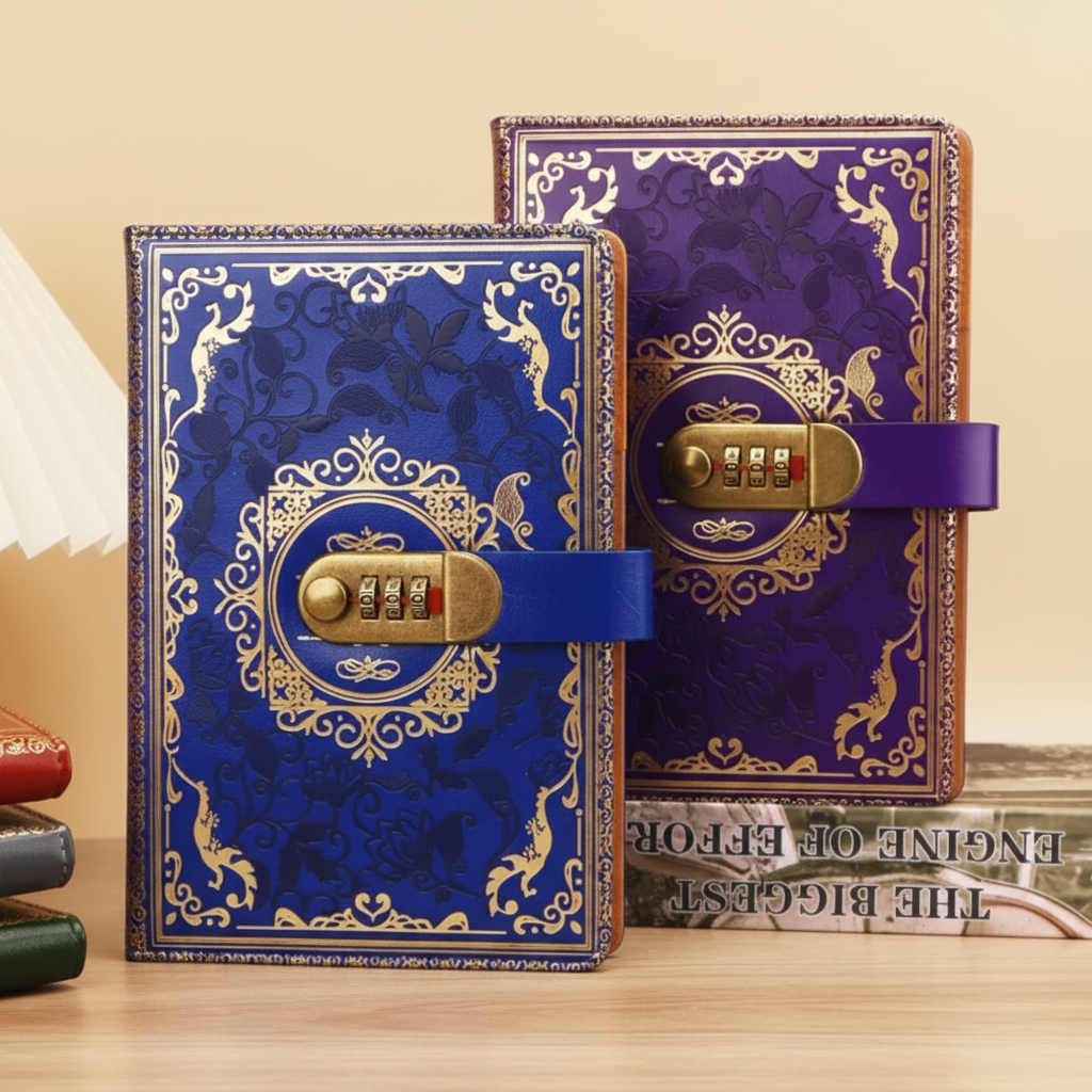 Blue and purple retro combination lock journals standing upright