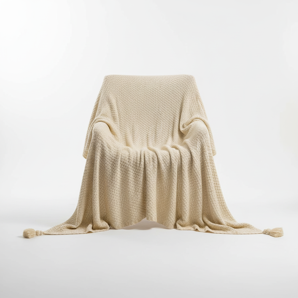 Close up shot of the soft knit texture and fringe on the tassel throw