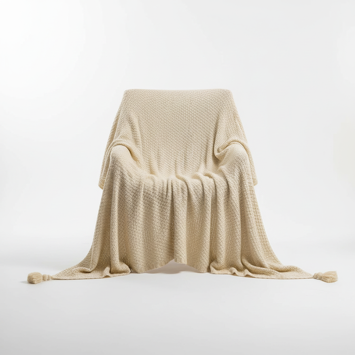 Close up shot of the soft knit texture and fringe on the tassel throw
