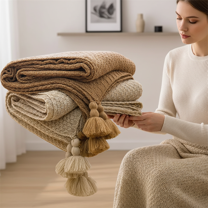 Close-up of folded textured knit throws with decorative tassels held by a woman