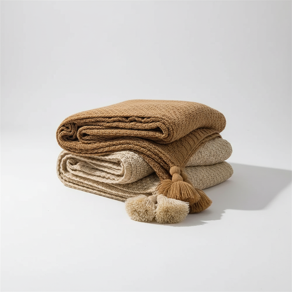 Home decor knit blanket folded neatly to show quality fabric and details