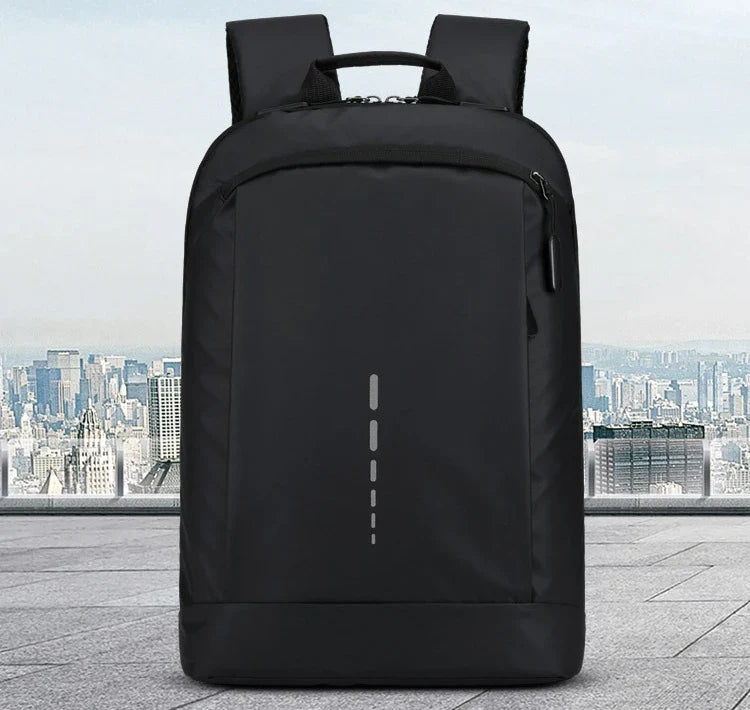 Blue backpack showing organized interior pockets and pen holders