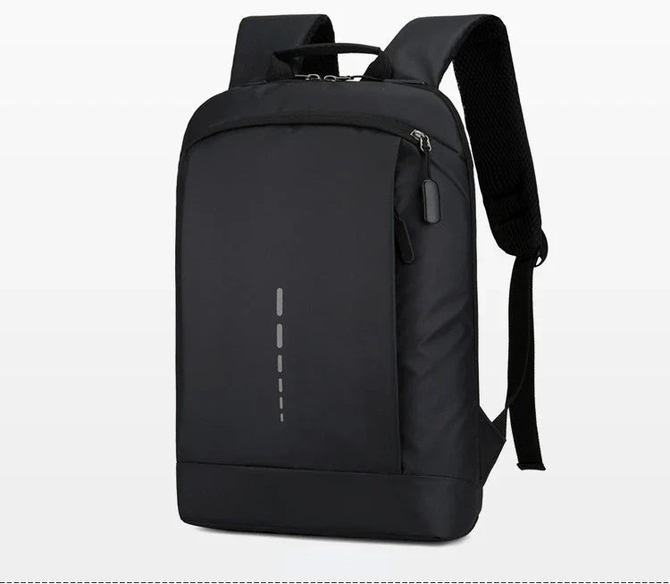 Mens backpack side pocket closeup suitable for water bottle storage