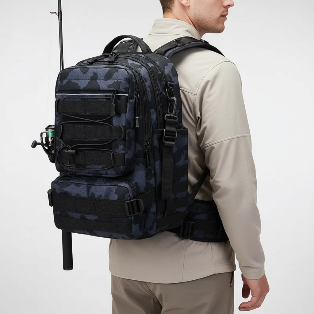 Side view of tactical fishing backpack showcasing integrated rod holder and tackle storage pockets