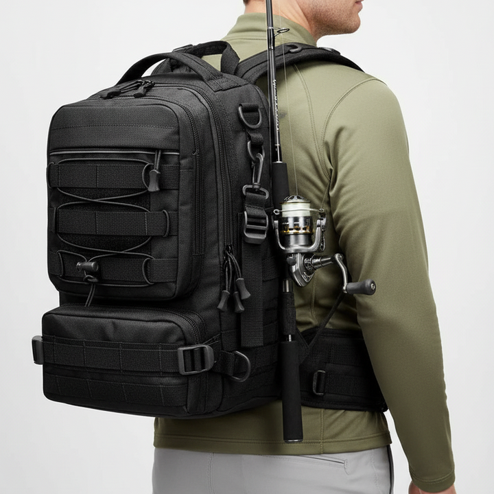 Man wearing a solid black tactical fishing backpack against a neutral studio background with a fishing pole