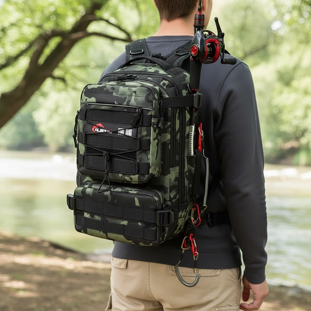 Man wearing a green camouflage tactical fishing backpack outdoors near a river with a fishing rod attached