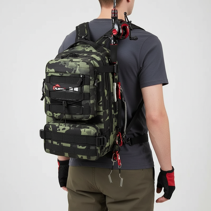 Full front view of camo tactical fishing backpack with rod holder and multiple accessory pouches