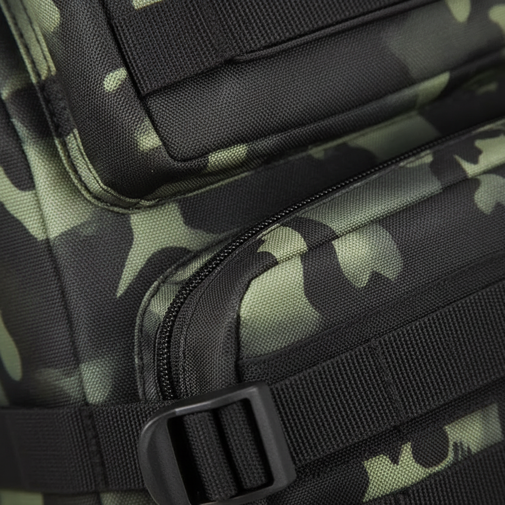 Close-up of padded breathable shoulder straps on water-repellent tactical fishing gear backpack