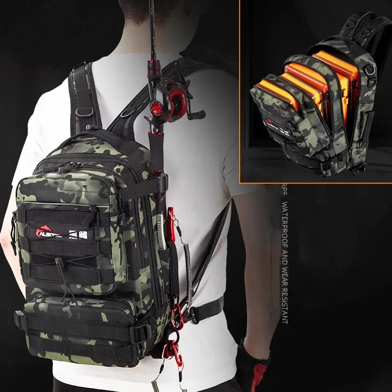 Interior view of camo outdoor backpack displaying spacious compartments for tackle boxes and gear
