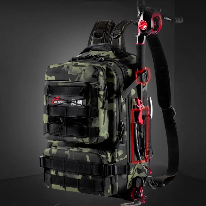 Rear view of tactical bag featuring heavy-duty zippers and durable water-resistant fabric