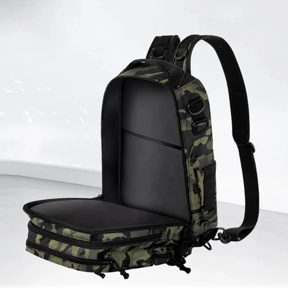 Angled shot of fishing backpack resting outdoors with secure buckle straps and exterior webbing