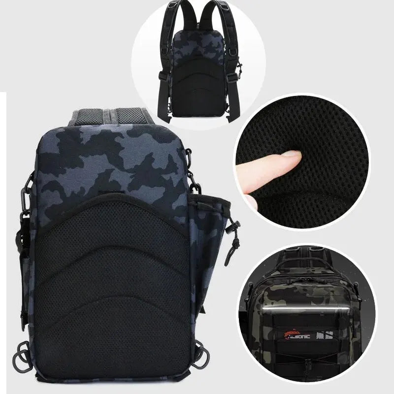 Detailed shot of mesh side pockets on tactical fishing backpack for water bottle storage