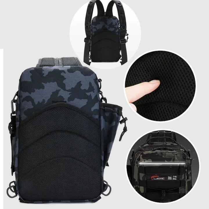 Detailed shot of mesh side pockets on tactical fishing backpack for water bottle storage