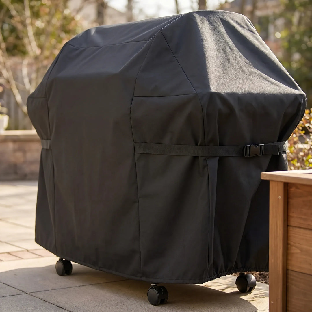 Heavy-duty black barbecue grill cover secured on a patio grill with wheels