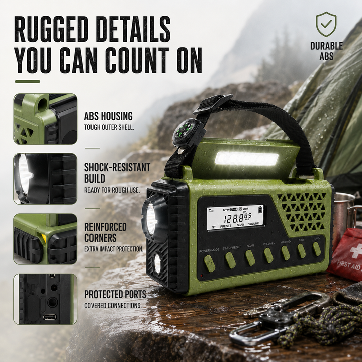 Solar power panel on top of the portable weather radio for charging outdoors