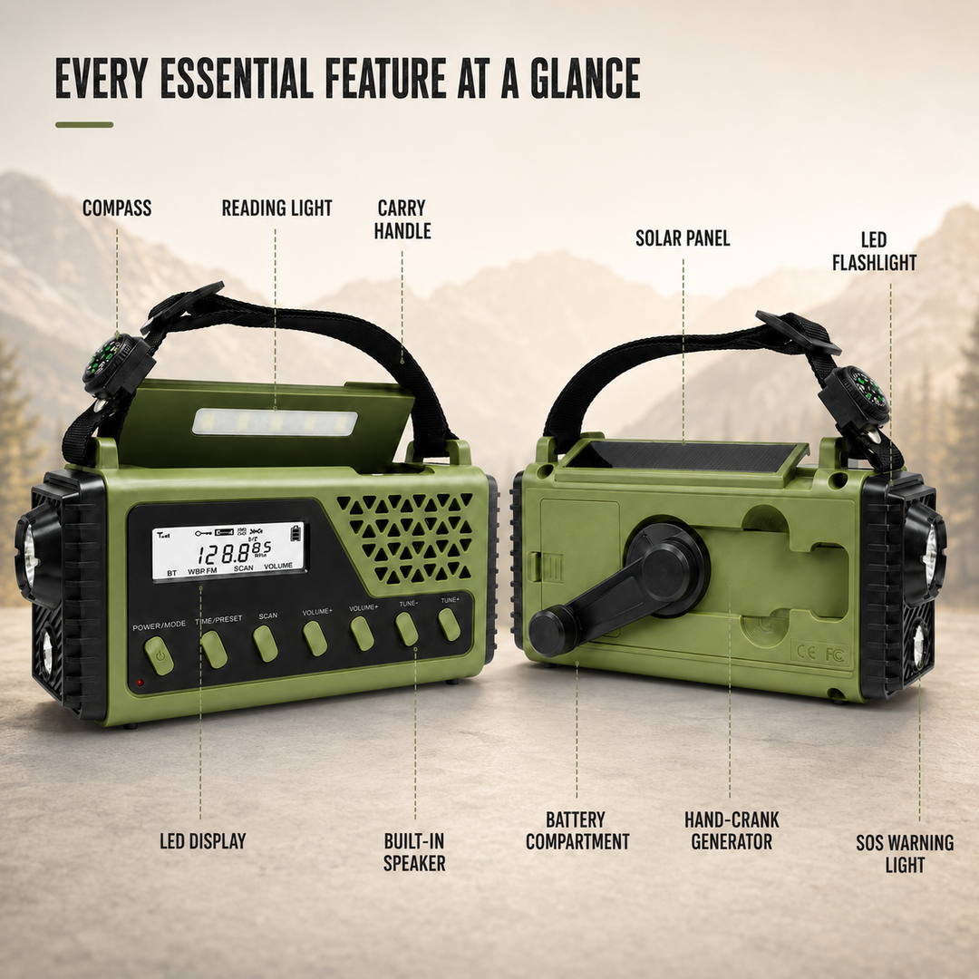 Crankonix emergency hand crank radio showing front control panel and speaker