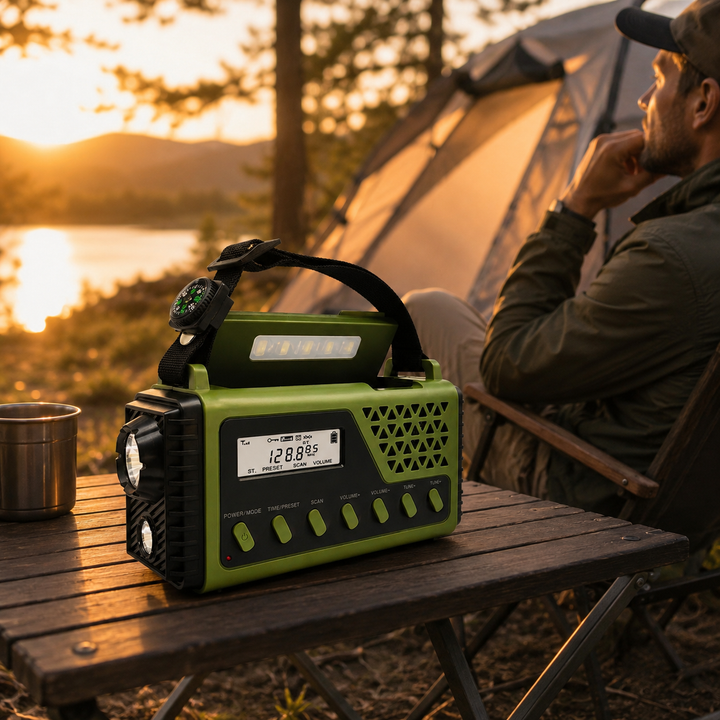 Crankonix hand crank emergency radio in army green set on an outdoor table during sunset