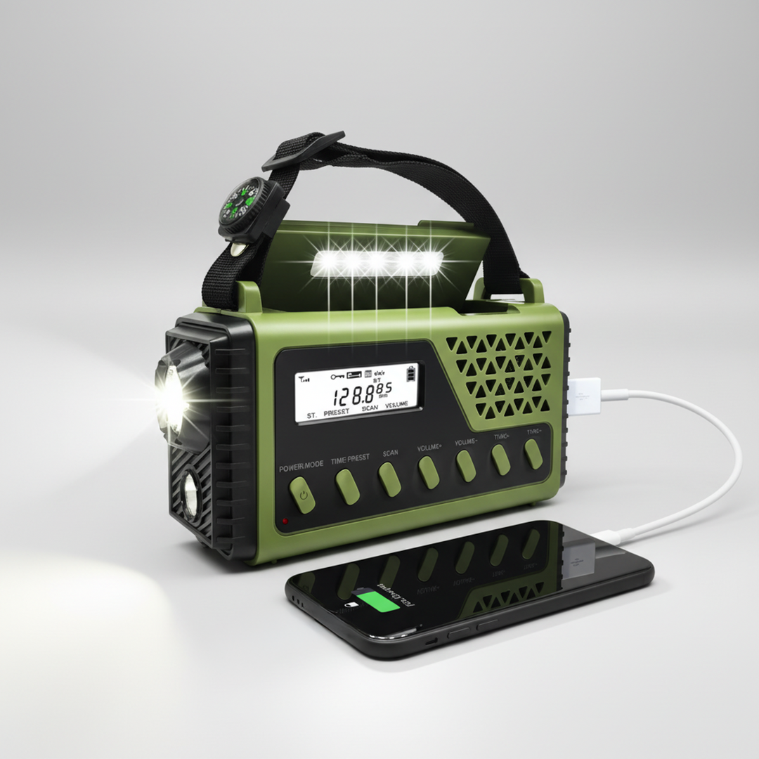 Crankonix emergency radio charging a smartphone via USB cable on a light surface