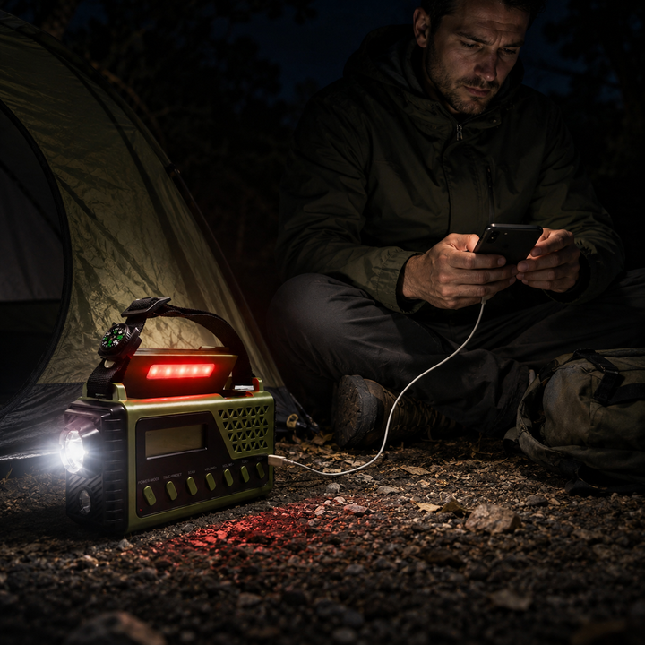 User turning the manual hand crank generator to power the radio