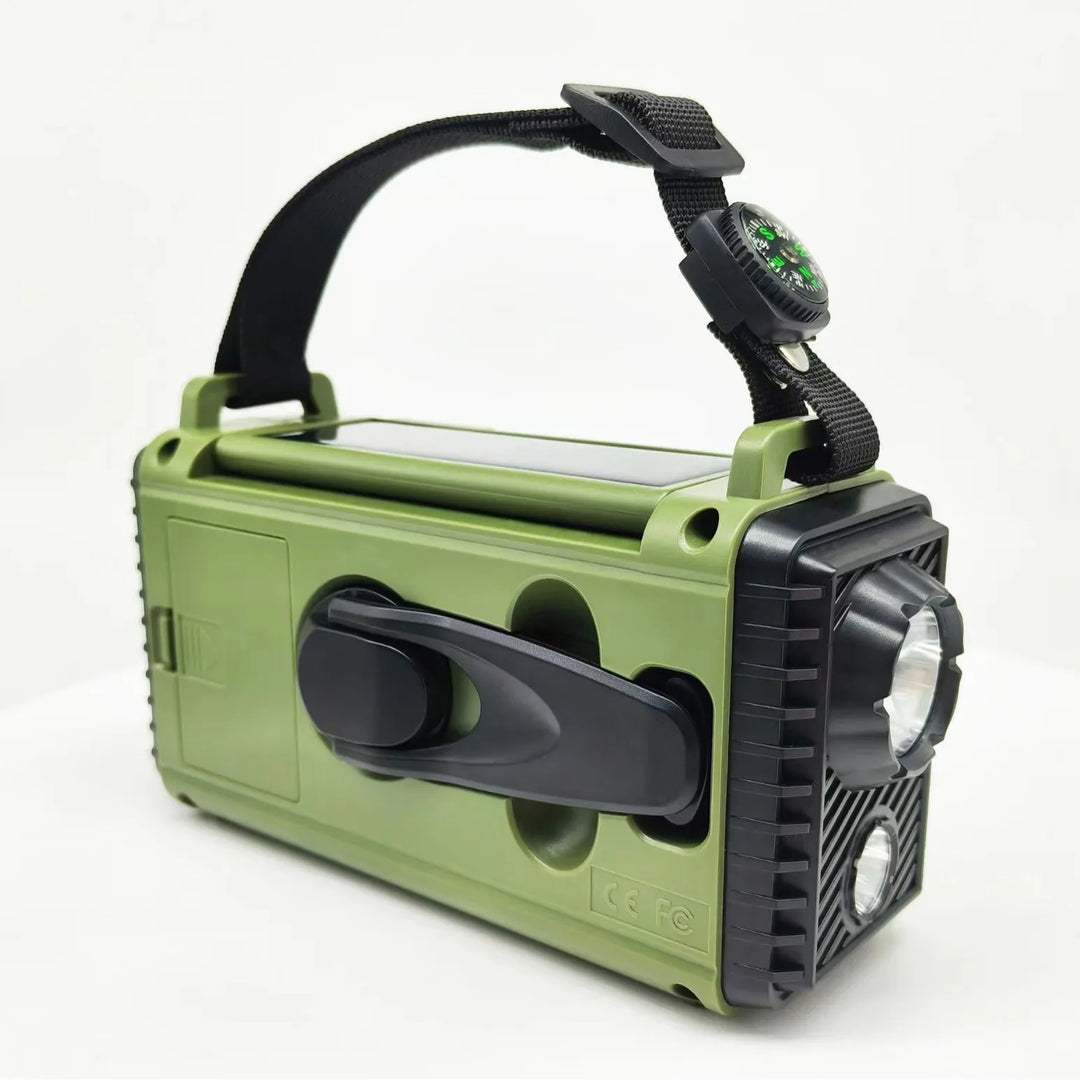 Emergency radio with reading light panel extended for campsite illumination