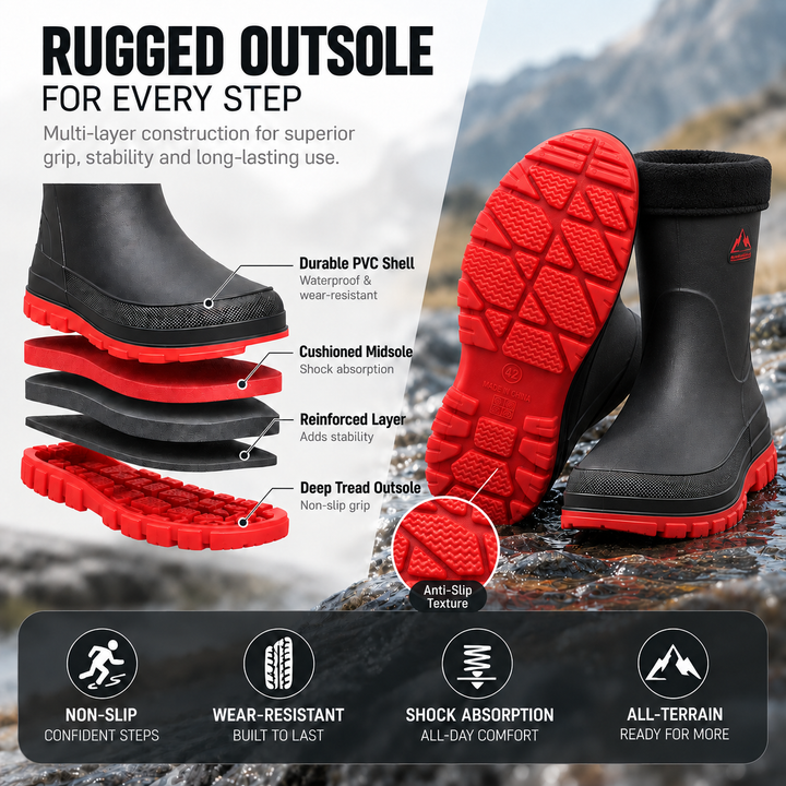Close up of slip on winter boots waterproof rubber construction