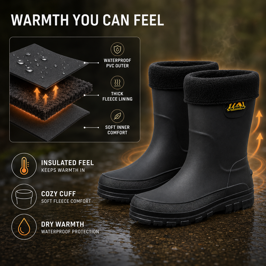 Mens snow boots with warm lining and cushioned insole detail
