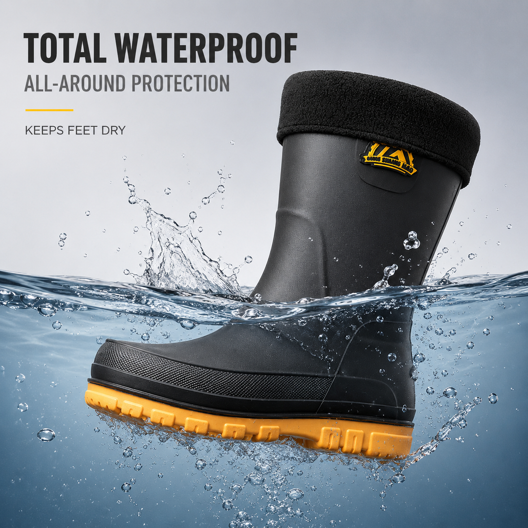 Single black insulated rain boot splashing into water showcasing waterproof design.