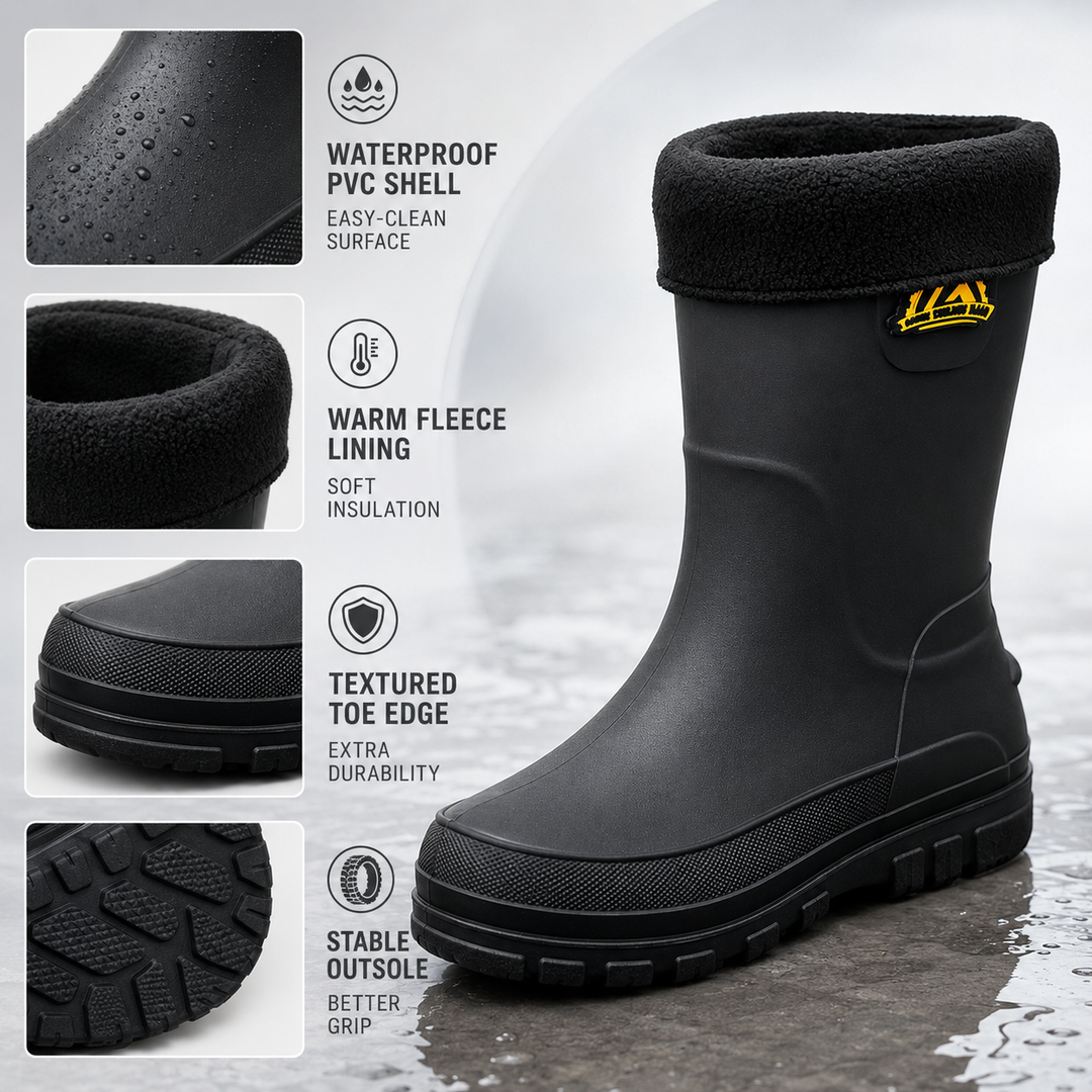 Mens waterproof insulated rain boots side profile showing grip sole