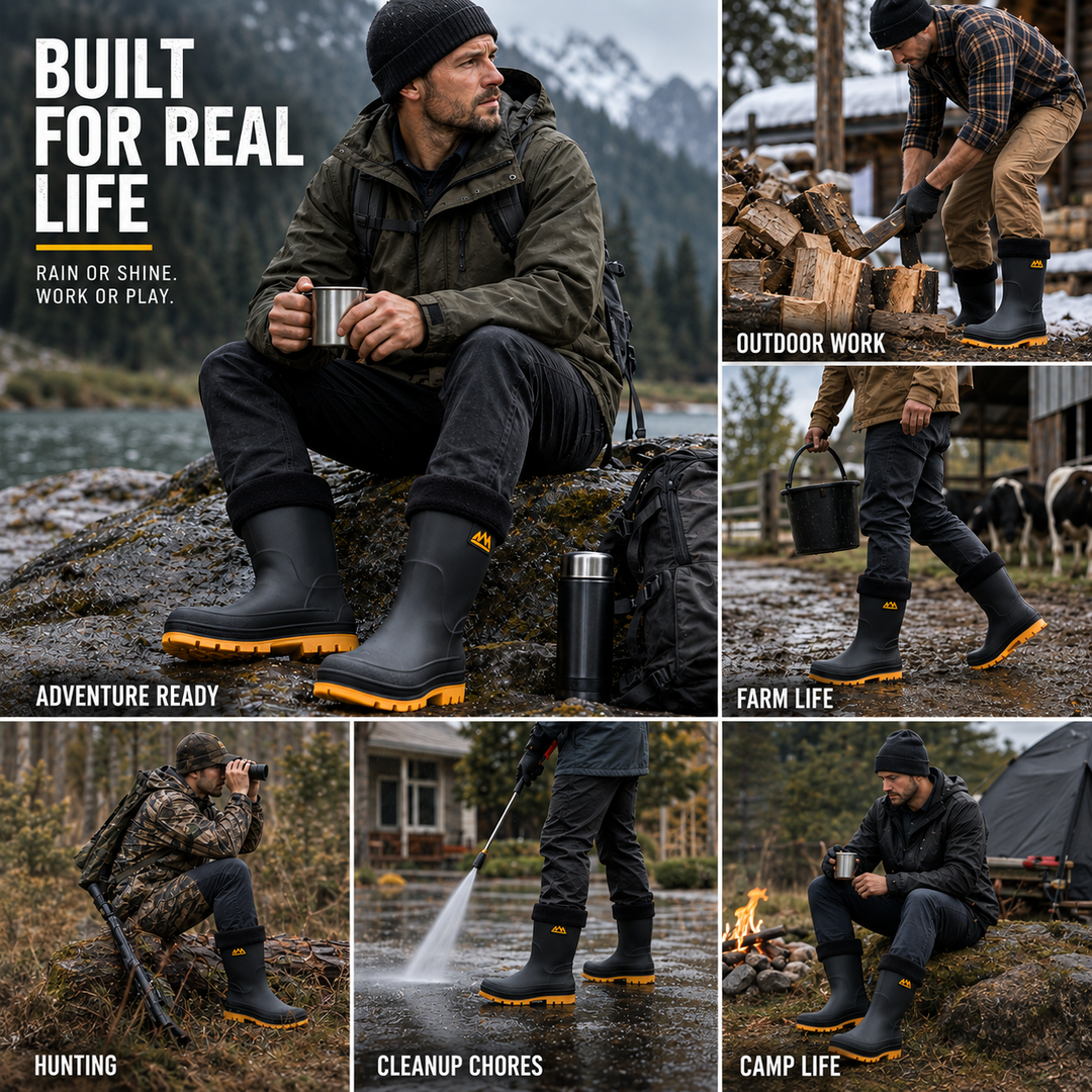Mens footwear waterproof winter boots flexing during outdoor use