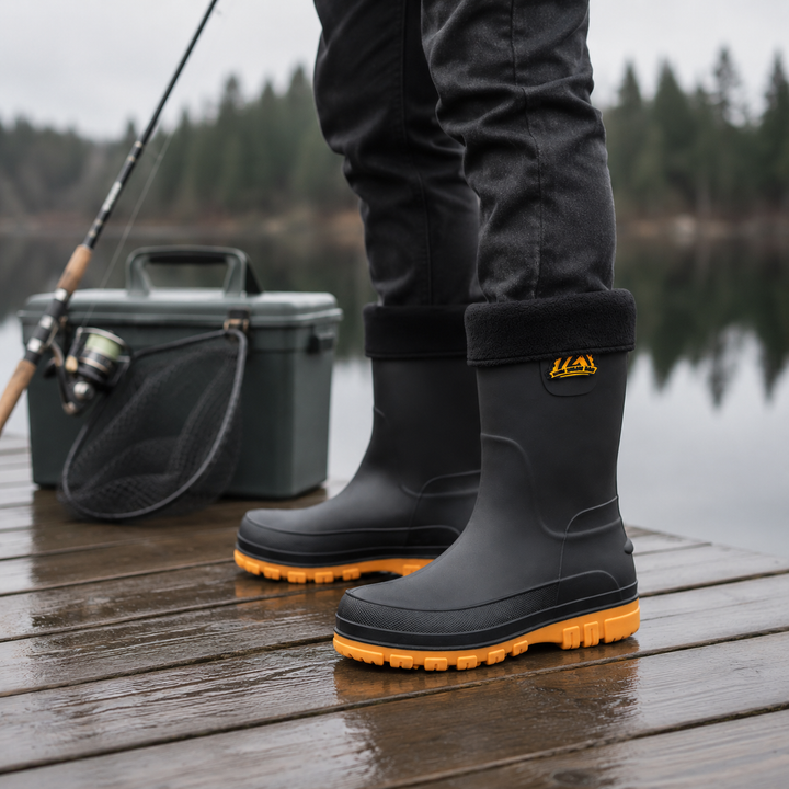Man wearing black insulated waterproof rain boots standing on a wooden dock outdoors.
