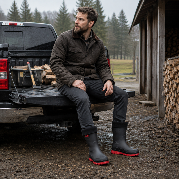 Pair of mens winter boots showcasing sleek waterproof design