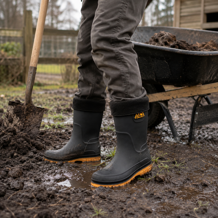 Mens outdoor shoes waterproof rain boots standing in wet mud
