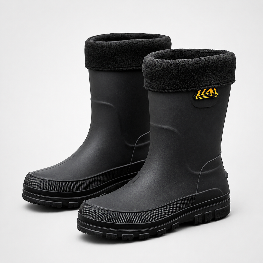 Pair of black mid-calf waterproof rain boots with plush lining against a light gray background.