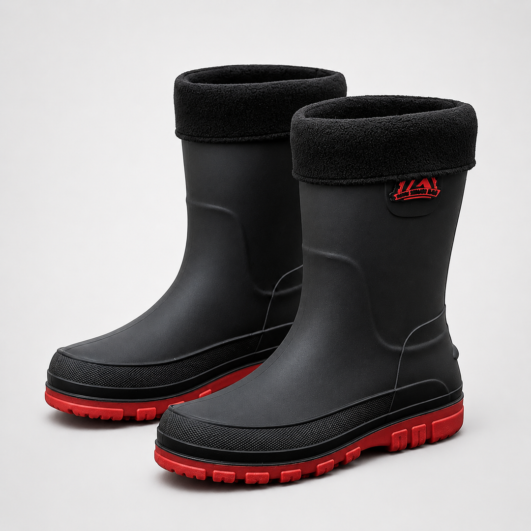 Black rain boots for men styled with winter trousers outdoors