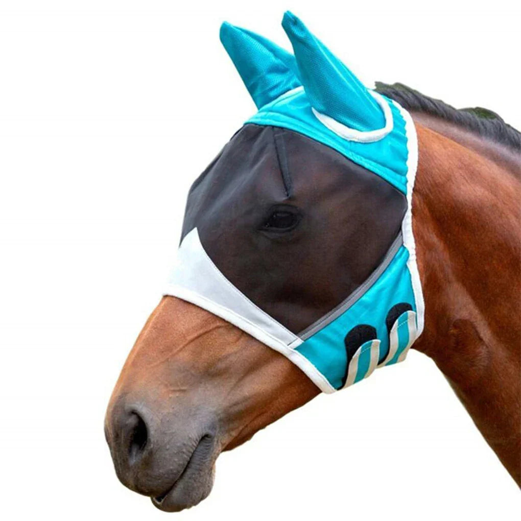 Rear adjustable closure of equine mesh fly mask with ear coverage