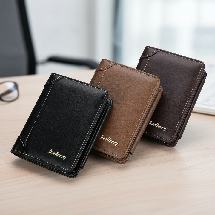 Three compact bifold wallets in black, tan, and brown displayed on a wooden desk