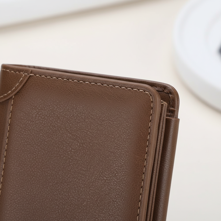 Mens slim front pocket wallet open to display cash compartment and ID window