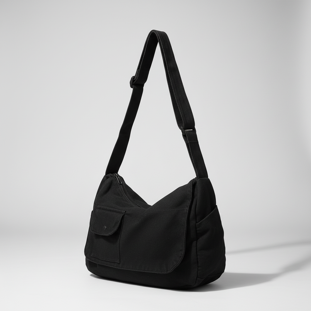 Model wearing the unisex messenger bag as a comfortable crossbody school bag.