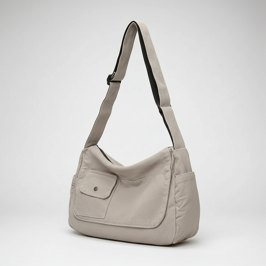 Casual lifestyle shot of the large work bag being carried by the shoulder strap.
