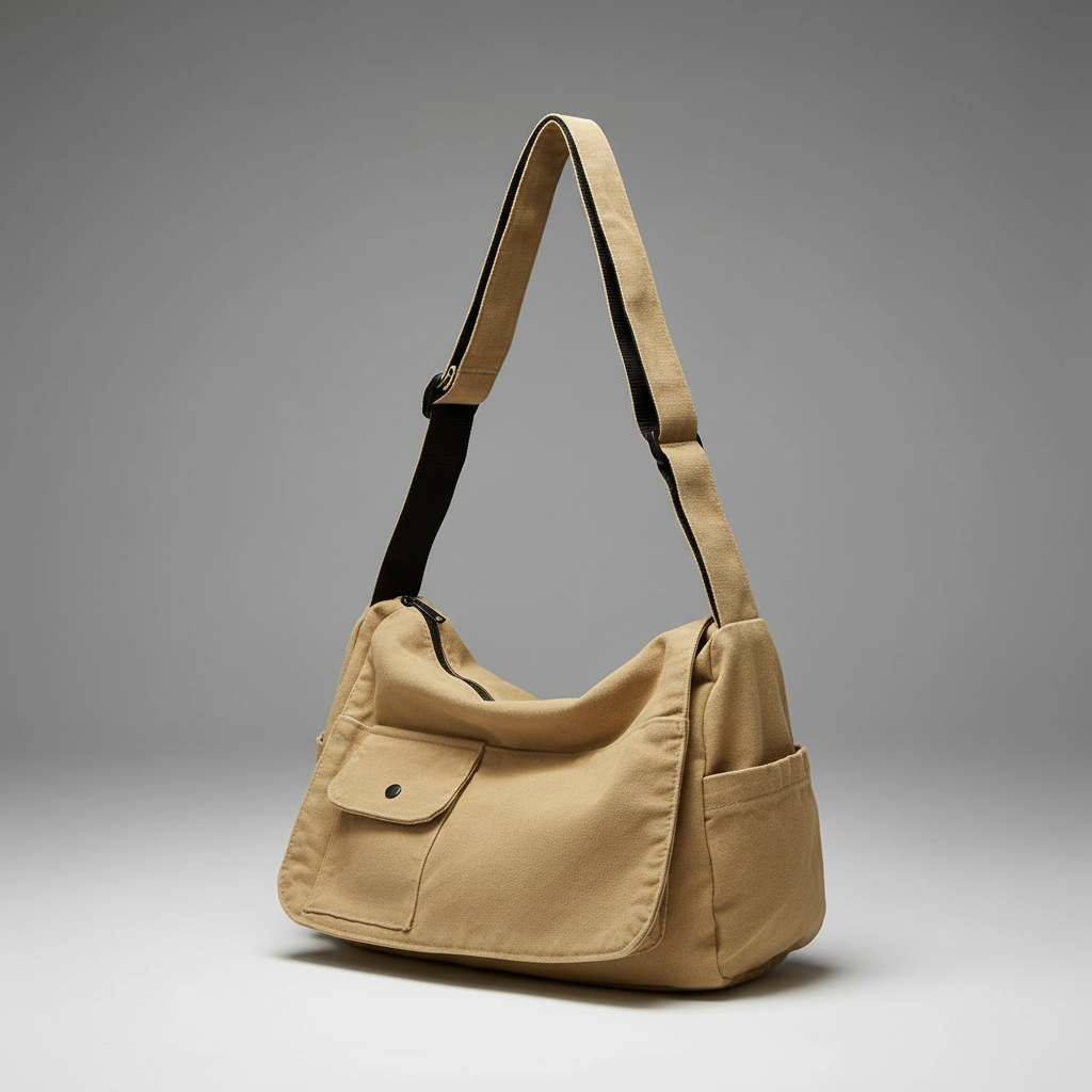 Detailed shot of reinforced canvas fabric and texture on the unisex shoulder bag.