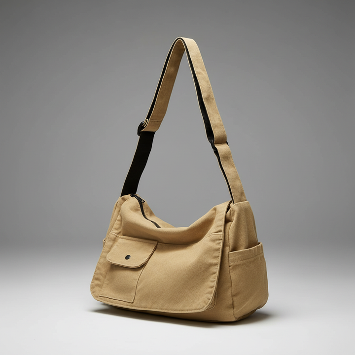 Detailed shot of reinforced canvas fabric and texture on the unisex shoulder bag.