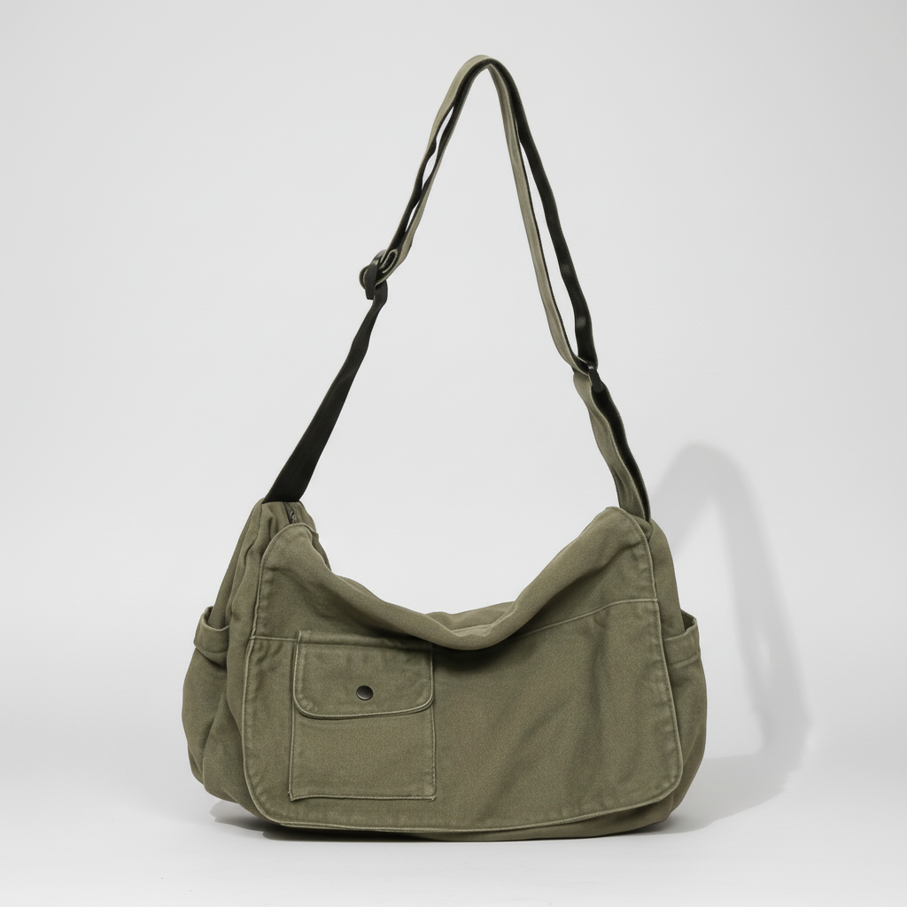 Flat lay of the versatile canvas messenger bag fully packed for daily travel.