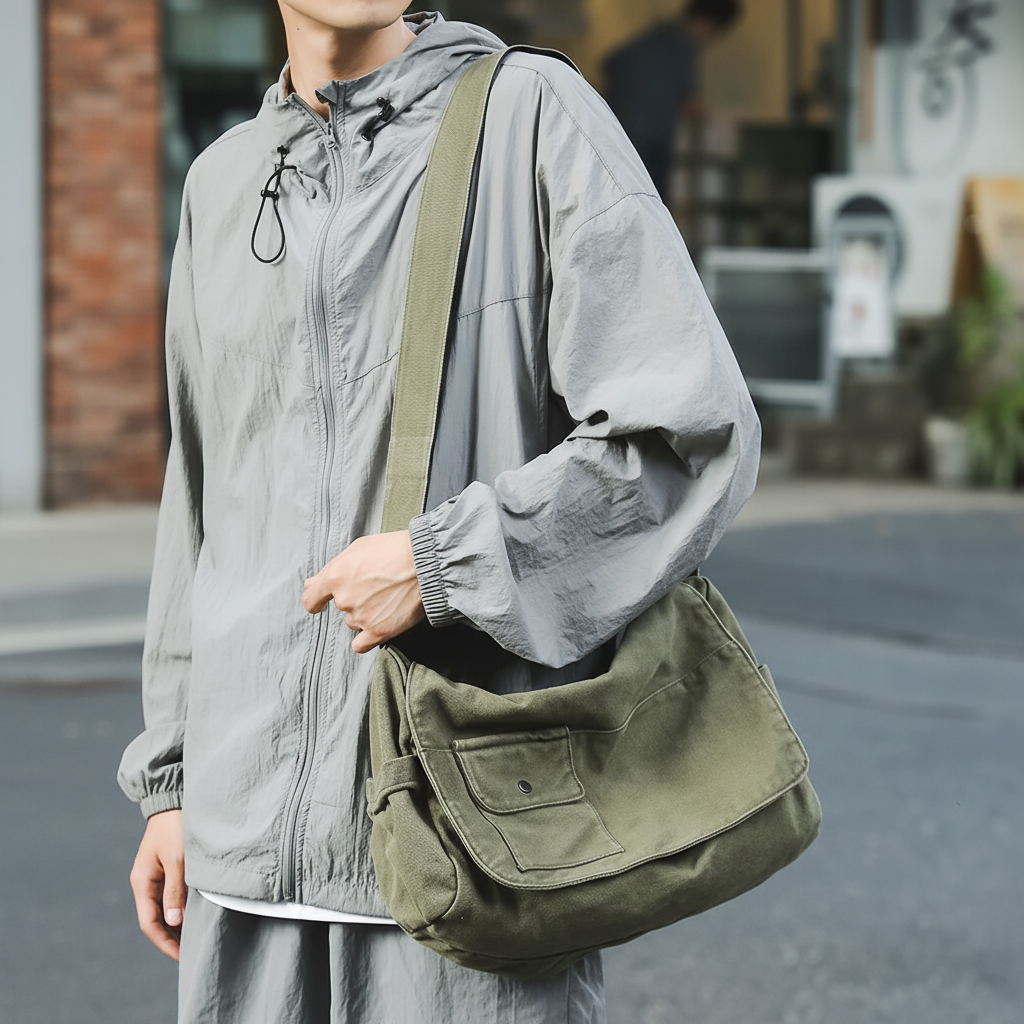 Man wearing a green canvas messenger bag across his body outdoors