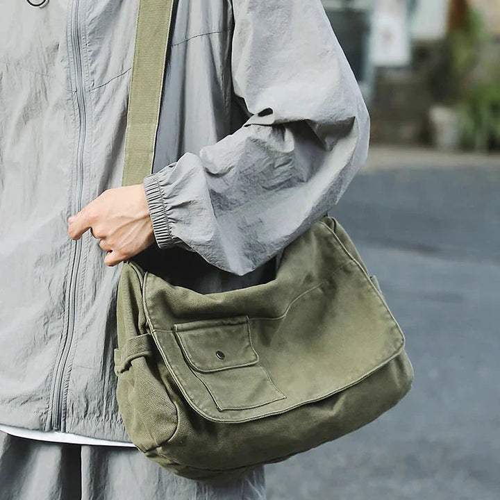 Close-up of durable zipper pocket on the canvas travel bag for easy organization.