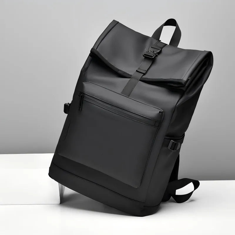 Lifestyle shot of a commuter wearing the sleek minimalist travel backpack