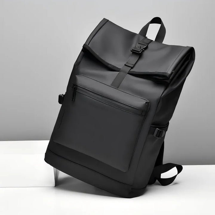 Lifestyle shot of a commuter wearing the sleek minimalist travel backpack